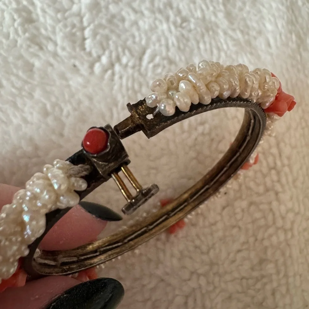 Antique Angel Skin Coral Freshwater Pearl Signed Estate Bracelet